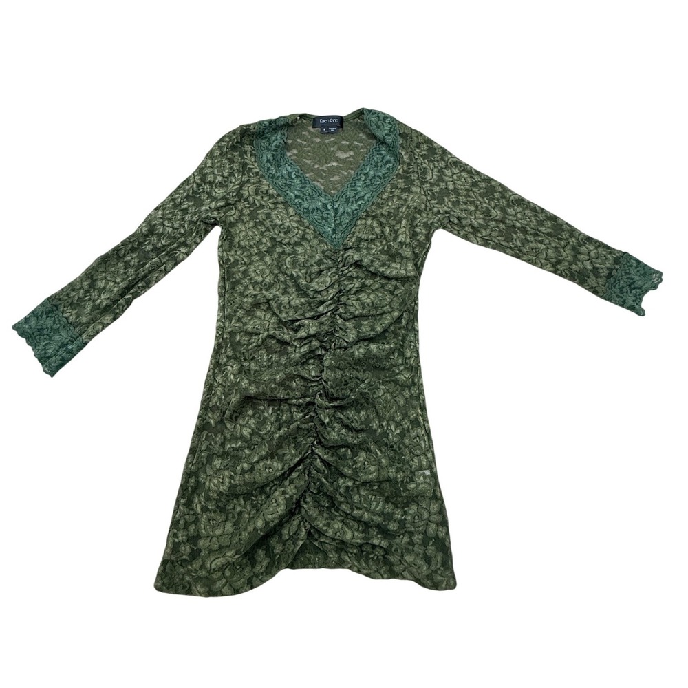 Karen Kane Olive Green Floral Lace Ruched V-Neck Long Sleeve Top Small USA Made